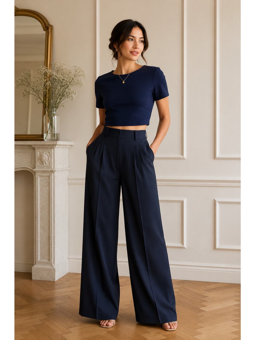 Express Navy Blue Structured Crop Top Short Sleeve Stretch Blouse Size Small